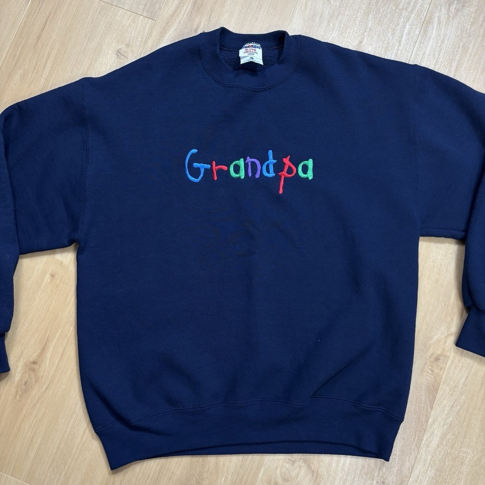 VTG 90s Crewneck Blue Embroidery Grandpa Sweatshirt Large Jerzees Made In USA